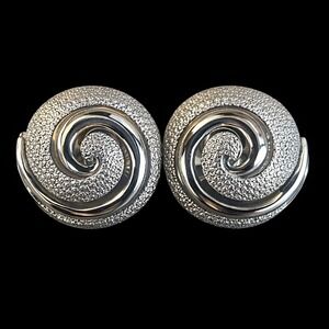 Vintage Trifari Silver Tone Spiral Swirl Clip On Earrings Textured Round Stamped